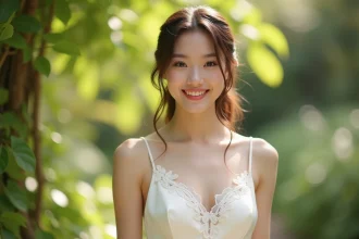 Jeune mariée en robe de mariée ivoire abordable en dentelle dans un jardin botanique verdoyant, style élégant et accessible pour 2026