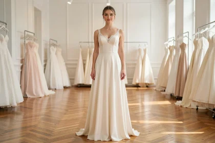 Femme petite en robe de mariée en soie chiffon coupe A-line avec col en cœur et dentelle, dans une boutique de mariage épurée aux tons ivoire