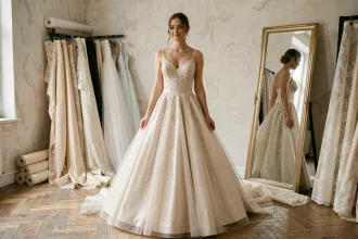 Mariée portant une robe princesse à paillettes dans un atelier de couture parisien, évitant l'effet déguisement grâce à un tombé élégant