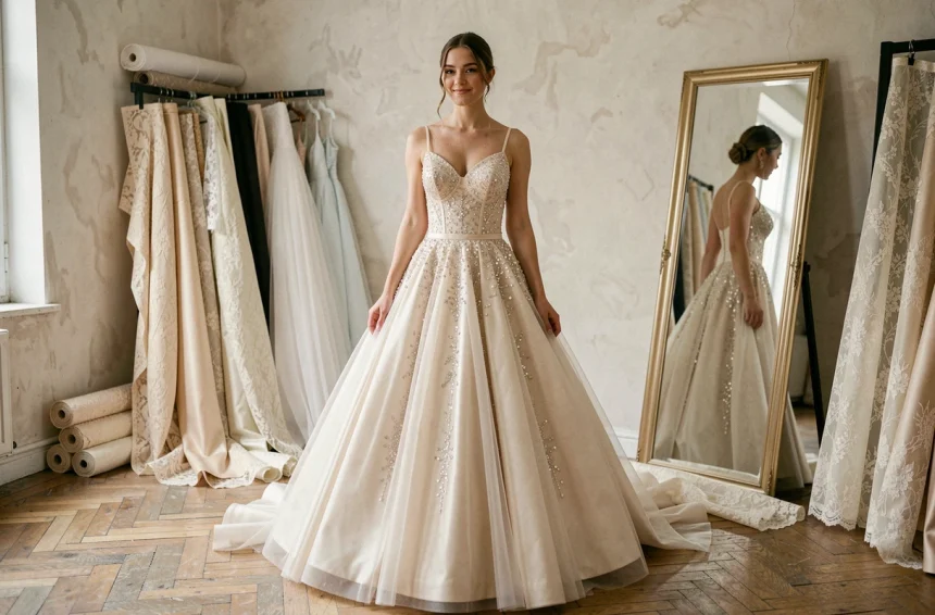 Mariée portant une robe princesse à paillettes dans un atelier de couture parisien, évitant l'effet déguisement grâce à un tombé élégant