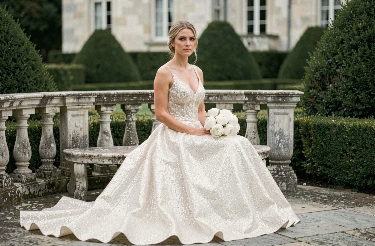 Mariée en robe princesse paillettes assise dans un jardin de château français, look sophistiqué et naturel sans effet déguisement