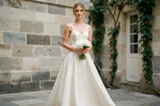 Femme en robe de mariée minimaliste en soie crêpe dans une cour parisienne en pierre, look simple et élégant