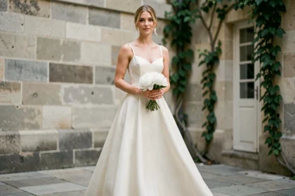 Femme en robe de mariée minimaliste en soie crêpe dans une cour parisienne en pierre, look simple et élégant