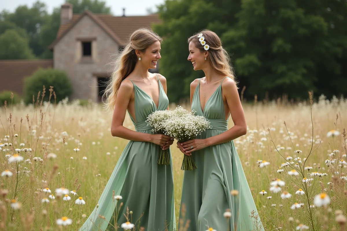 Mariée en robe vert sauge et demoiselle d'honneur dans une prairie fleurie avec ferme en pierre pour un mariage champêtre près de Bordeaux