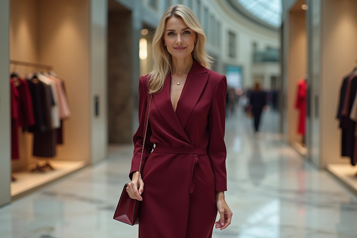 Femme élégante en robe mi-gamme bordeaux dans un grand magasin, comparaison des prix de robes selon la gamme