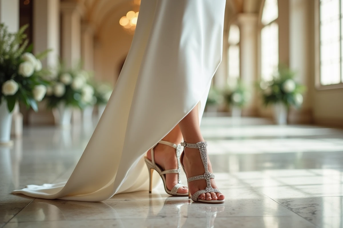 Femme en robe sirène ivoire portant des sandales argentées à talons ornées de cristaux sur sol en pierre polie lors d'un mariage
