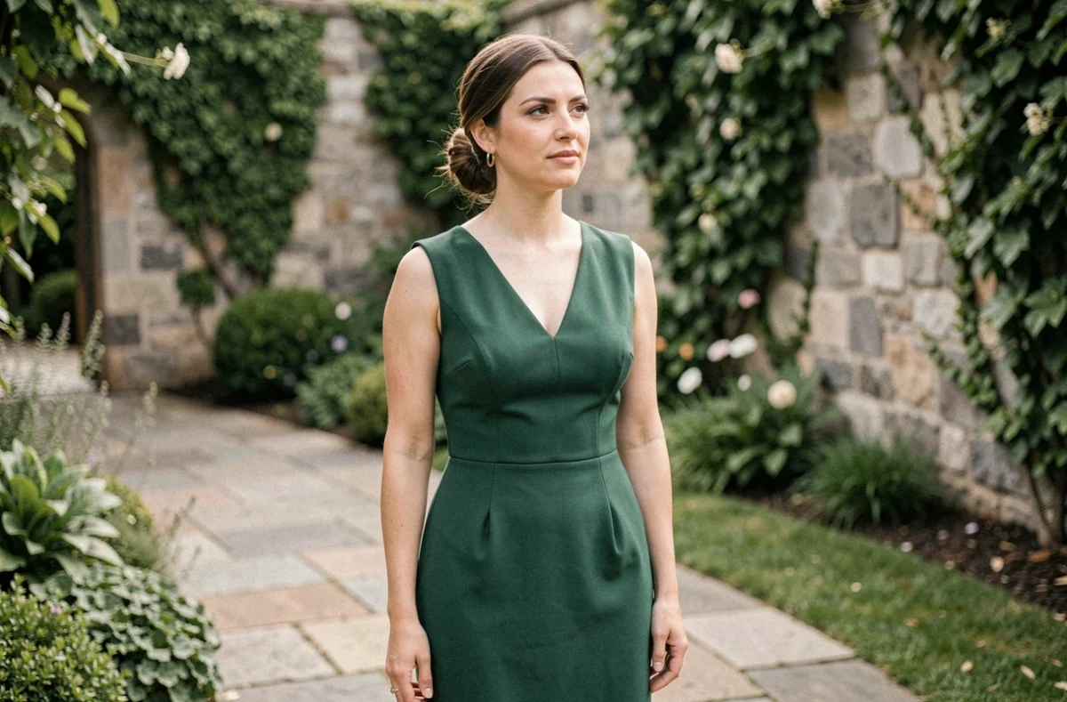 Femme en robe verte mate à mariage en plein air dans un jardin avec végétation
