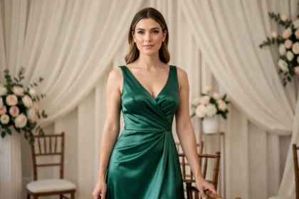 Femme portant une robe verte satinée pour un mariage dans une salle décorée avec élégance