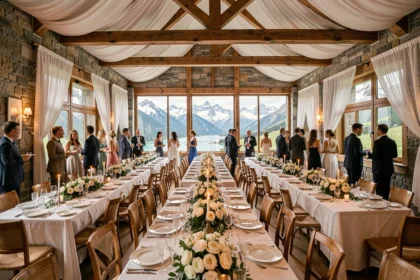 Salle de mariage élégante en Haute-Savoie avec vue sur les montagnes alpines et décoration florale raffinée
