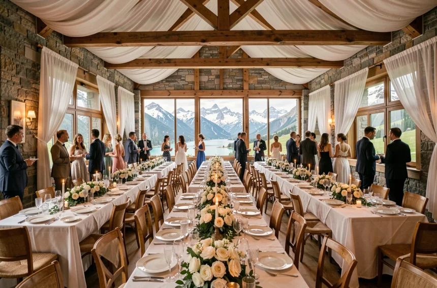 Salle de mariage élégante en Haute-Savoie avec vue sur les montagnes alpines et décoration florale raffinée