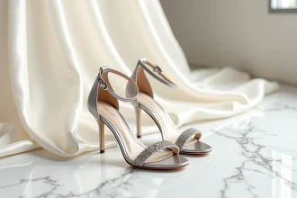 Sandales à talons argentées avec brides fines posées sur du marbre blanc pour mariage, accompagnées d'un tissu satiné ivoire évoquant une robe sirène