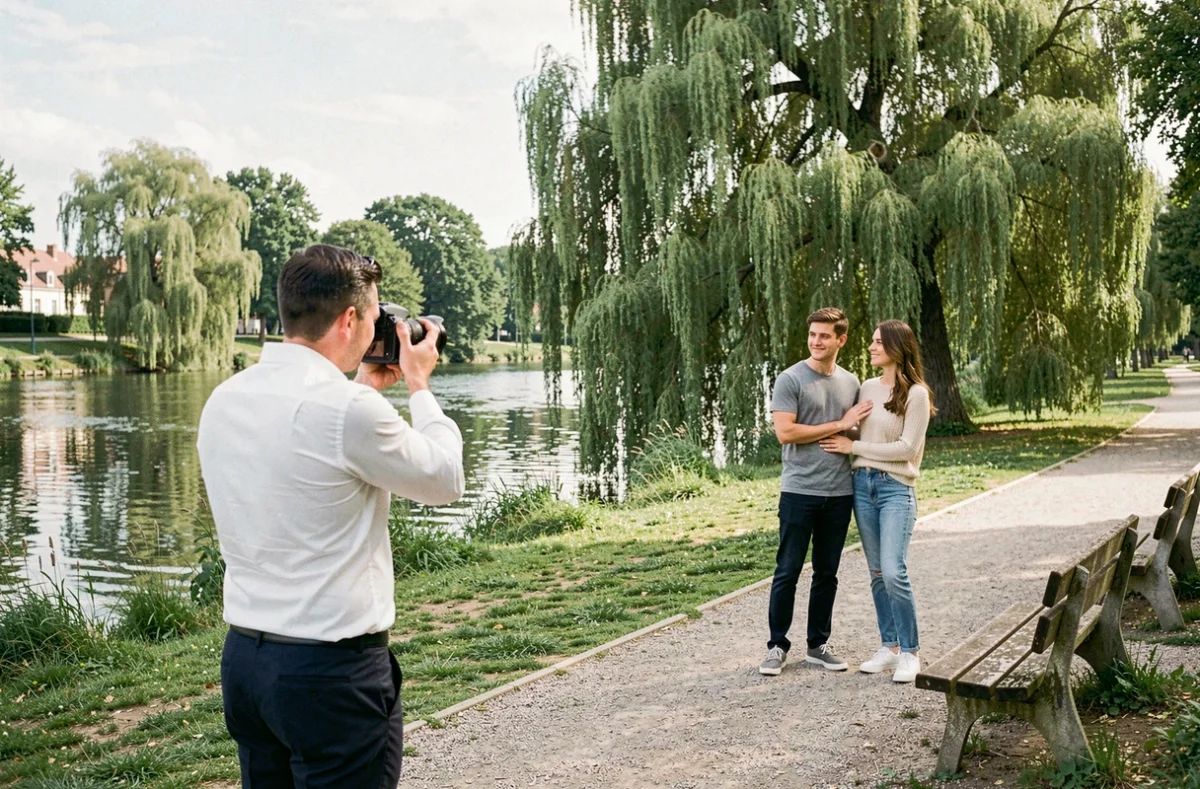 Photographe capturant des portraits d'un couple au bord de la Marne à Maisons-Alfort