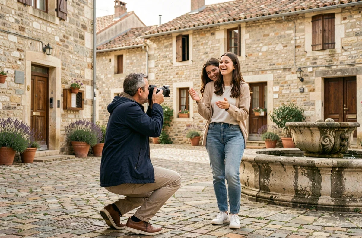 Photographe professionnel en séance photo de couple dans un village typique proche de Cadaujac