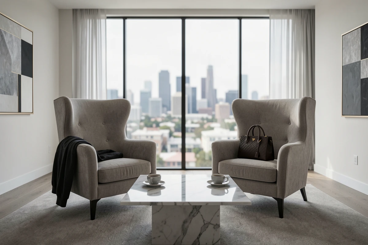 Deux chaises de designer vides avec des accessoires masculins et féminins dans un salon moderne à Los Angeles, métaphore visuelle de la séparation de Kanye West et Kim Kardashian