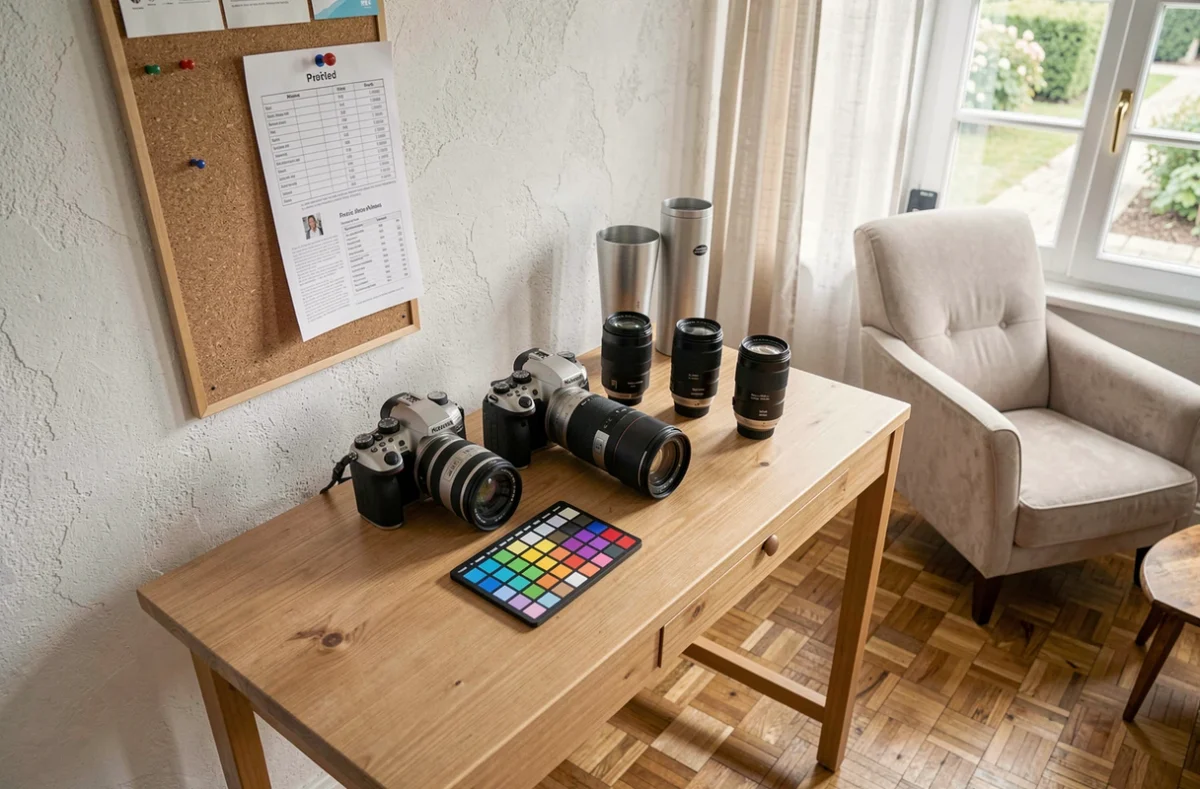 Bureau et équipement d'un photographe professionnel à domicile près de Cadaujac avec tarifs et matériel photo