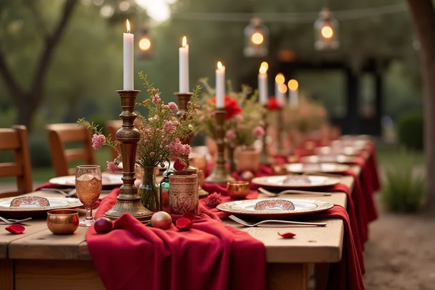 Table de mariage gitane décorée de tissus colorés, candélabres dorés et vaisselle artisanale en plein air