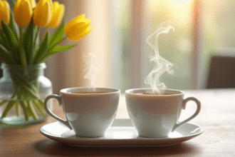 Deux tasses en porcelaine blanche avec thé chaud et tulipes jaunes