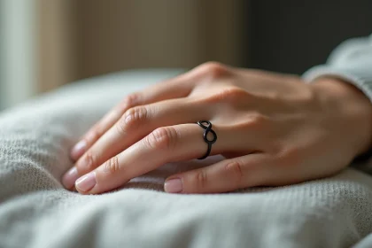 Tatouage alliance infini en encre noire fine sur l'annulaire d'une femme, posé sur une surface en lin gris