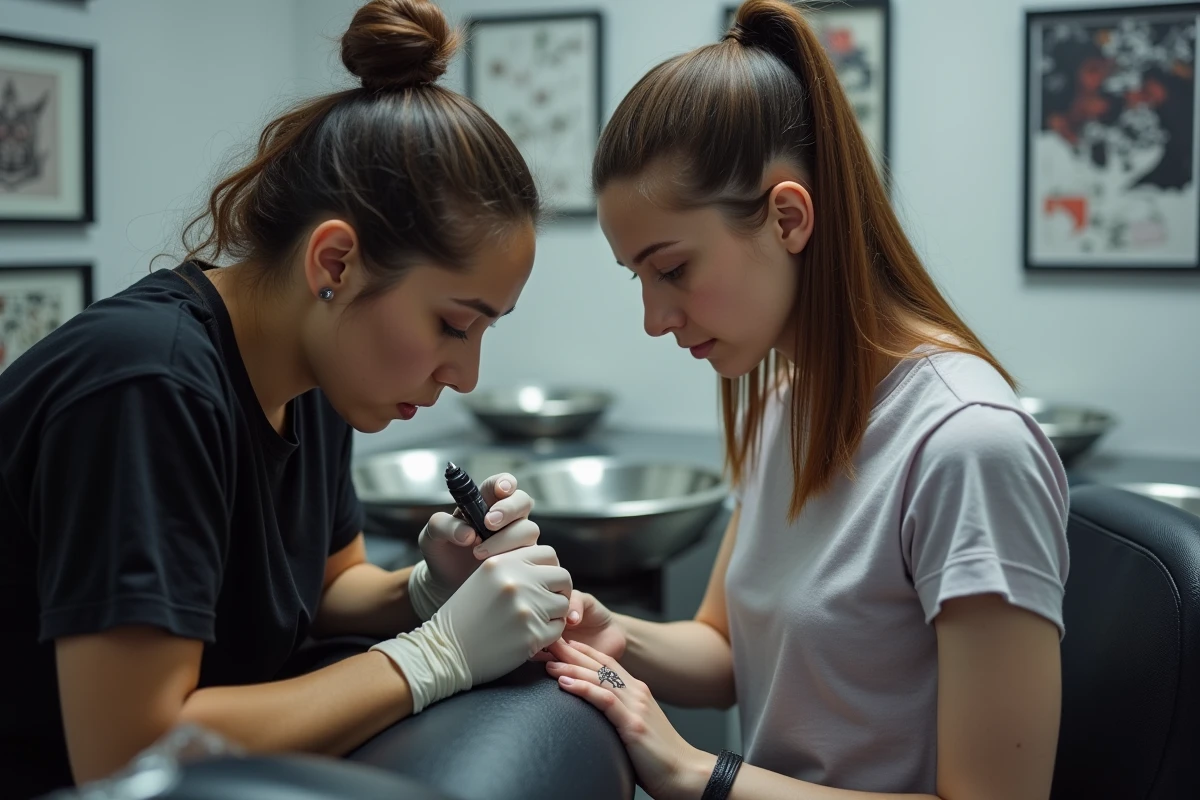 Tatoueur professionnel réalisant un tatouage infini sur l'annulaire d'une cliente dans un studio moderne