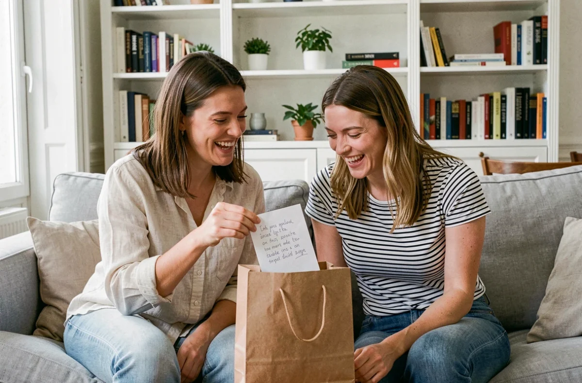 Deux témoins de mariage riant ensemble en lisant un mot manuscrit extrait d'un cadeau kraft dans un appartement parisien