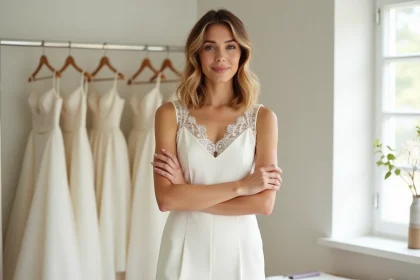 Femme en combinaison ivoire élégante essayant une tenue de mariage alternative dans une boutique de robes de mariée