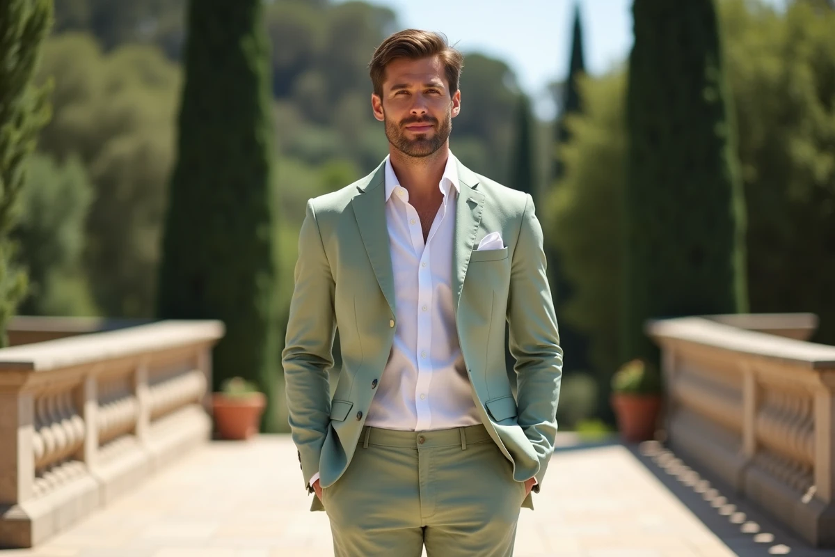 Homme en costume de lin vert sauge clair sans cravate pour une tenue de soirée mariage estivale, posant sur une terrasse de jardin avec cyprès