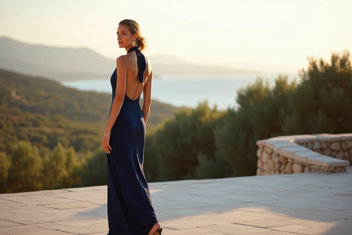 Femme en robe longue bleu marine dos nu sur une terrasse en pierre avec vue sur paysage méditerranéen, look de soirée mariage d'été élégant et minimaliste