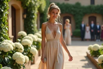 Femme en robe de soirée en soie champagne fluide pour un mariage d'été en extérieur, posant sur les marches d'un domaine élégant entouré d'hortensias blancs