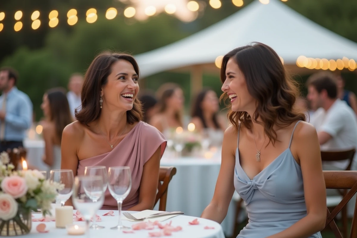 Deux femmes en robes de soirée légères rose et bleu lors d'un repas de mariage en plein air sous une tente décorée avec fleurs et verres en cristal