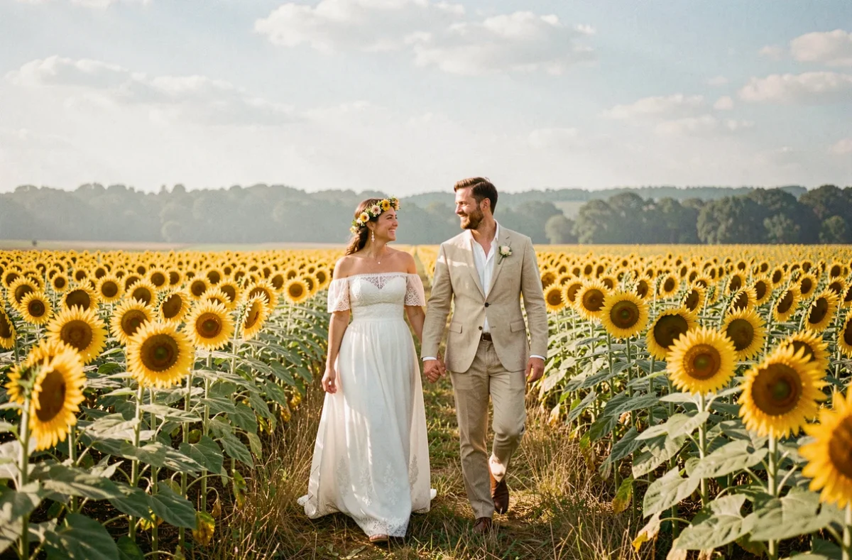 Couple de mariés en tenue bohème marchant dans un champ de tournesols en Auvergne