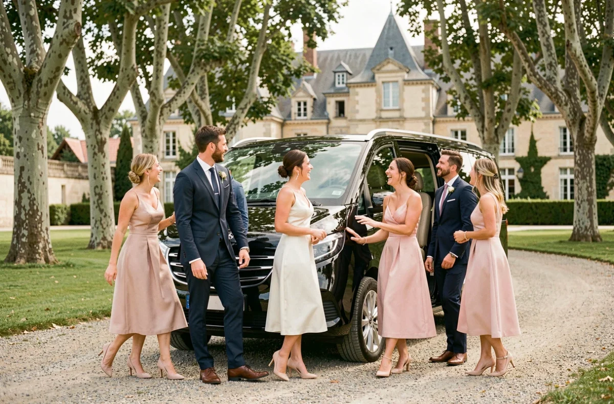 Invités de mariage élégants montant dans un van de luxe noir devant un château toulousain pour le transport du mariage en Haute-Garonne